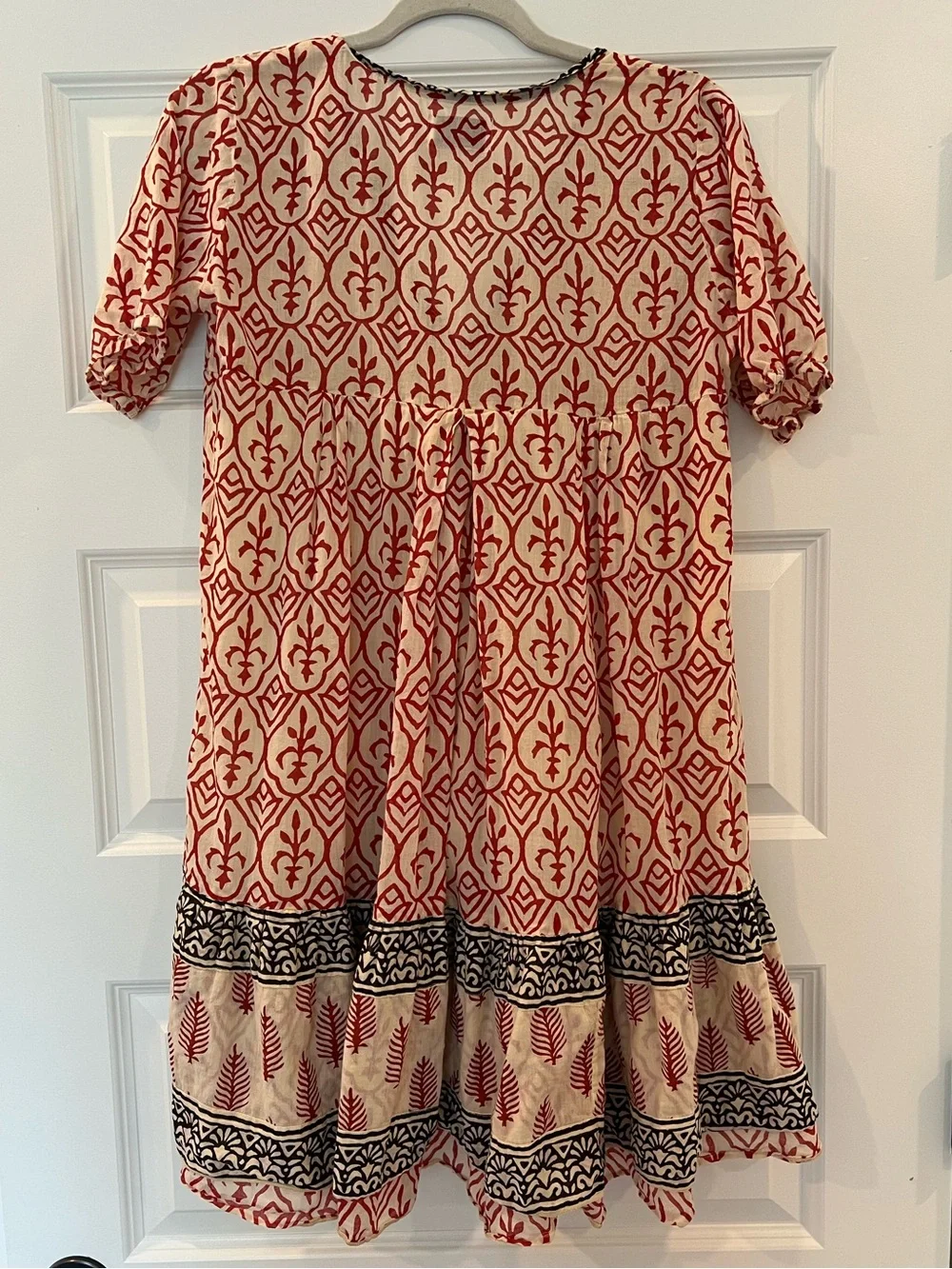 Vintage Ibiza Boho Block Print Babydoll Mini Dress Small Puff Sleeve Lined Gauze